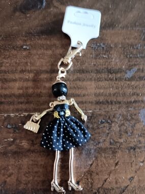 Silver-tone Doll Keychain with Black Polka Dot Dress